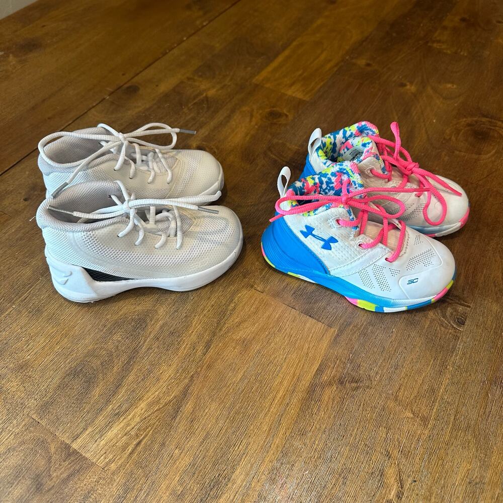 Two Pairs Under Armour Curry Baby Basketball Shoes size 5 white and confetti